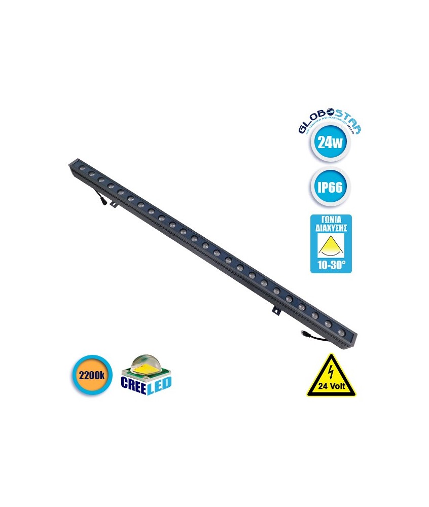 GLOBOSTAR® WASHERMARGO 05101 Μπάρα Φωτισμού Wall Washer LED 24W 2520lm 30° DC 24V Αδιάβροχο IP66 Ultra Θερμό Λευκό 2200K Dimmable - Bridgelux SMD Chip - Γκρι Ανθρακί - Μ100 x Π4 x Υ5cm - 3 Χρόνια Εγγύηση